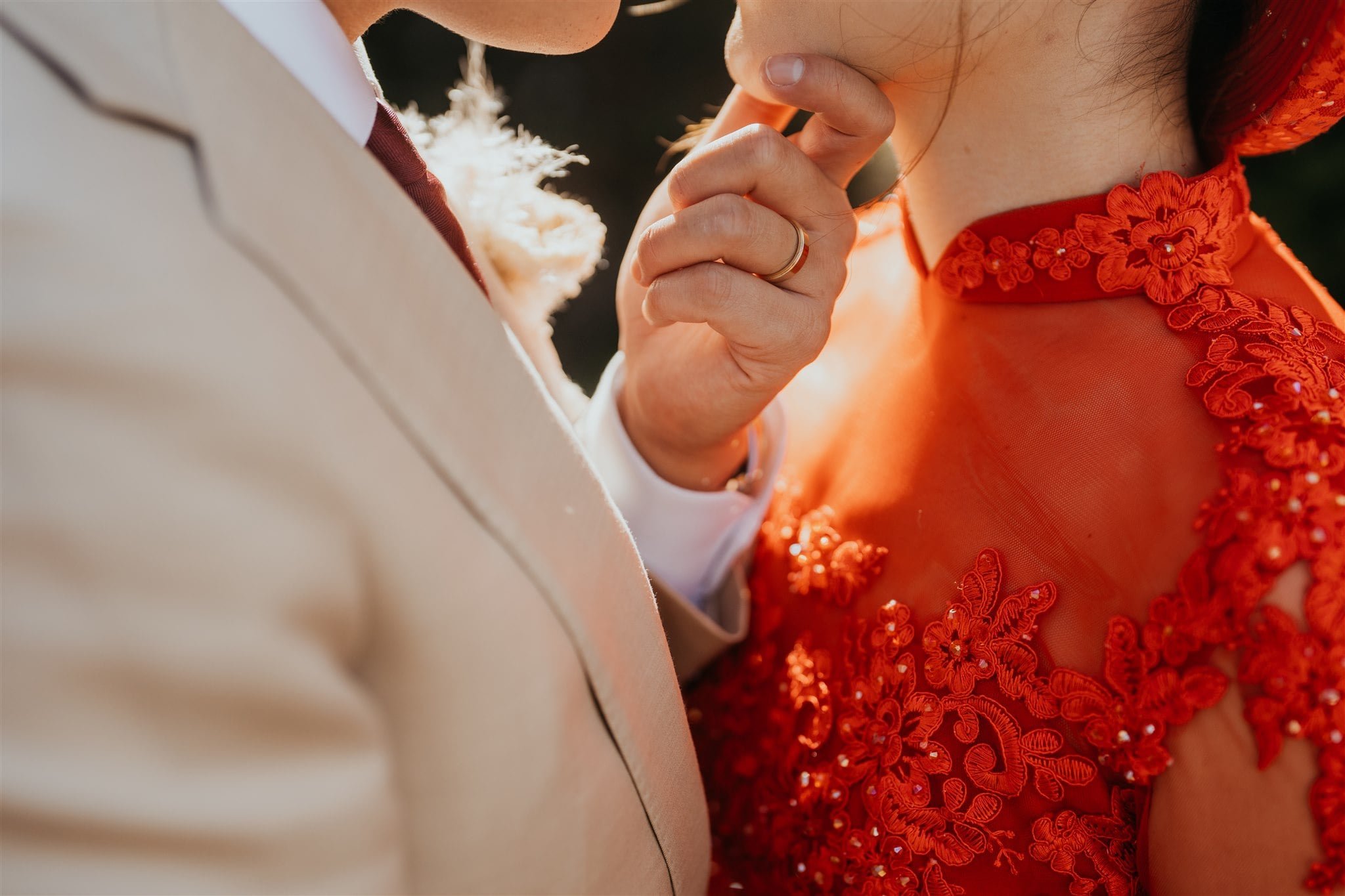 Bride wearing Ao Dai Vietnamese wedding attire during her elopement in Banff National Park