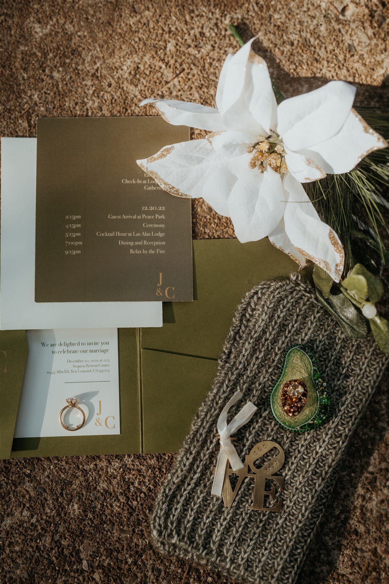 White green and brown winter wedding details