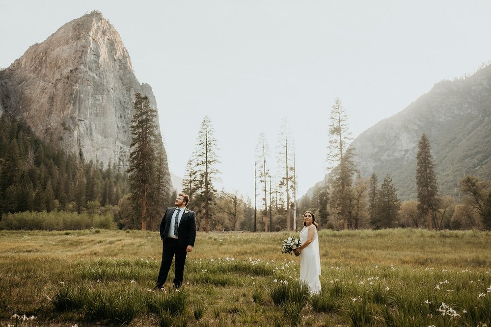 Bride and groom Yosemite elopement photos in El Capitan meadow