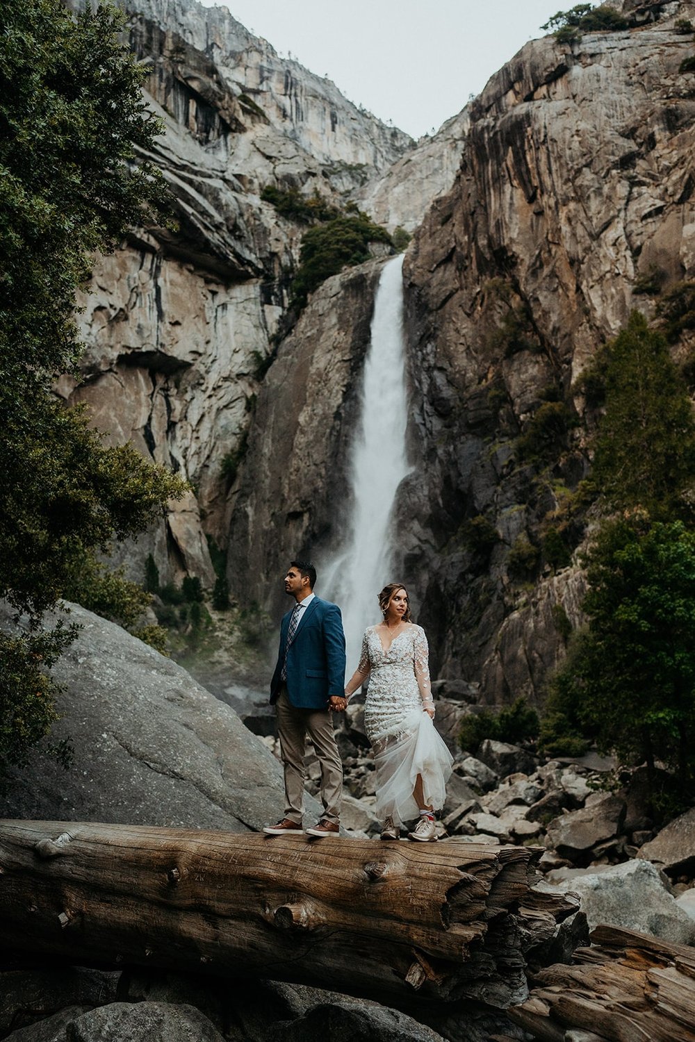 Bride and groom Yosemite elopement photos at Yosemite Falls