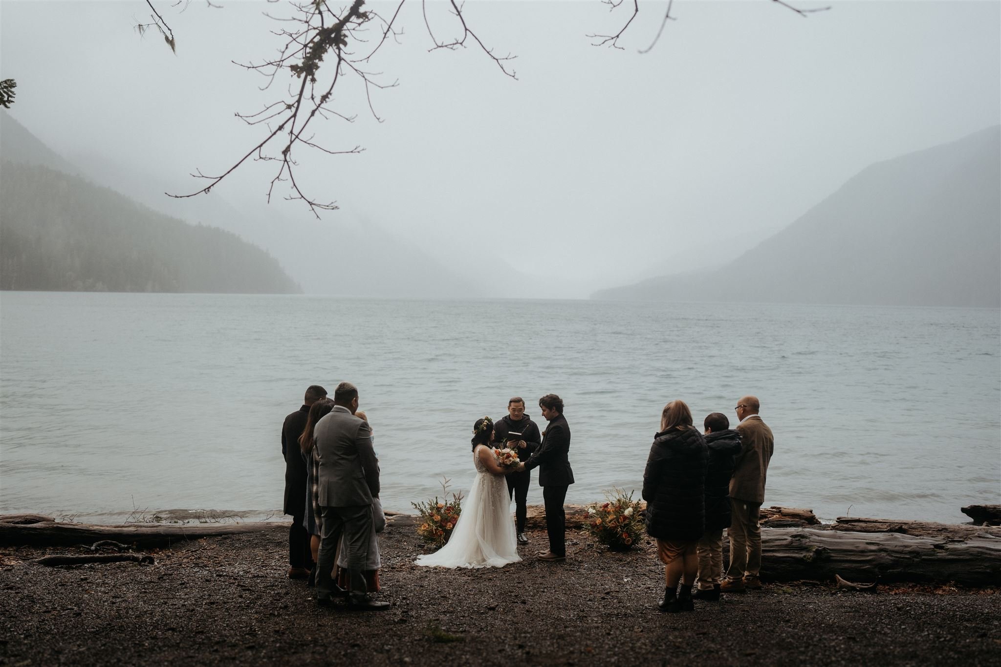 Intimate wedding ceremony by the water in Olympic National Park