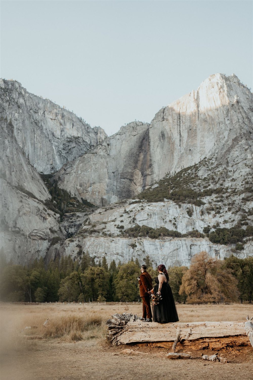 Bride and groom stand on a log in El Capitan Meadow at their Yosemite elopement