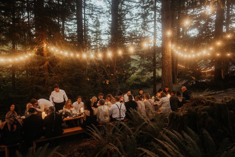 Elopement guests enjoy a meal at a forest elopement reception with string lights