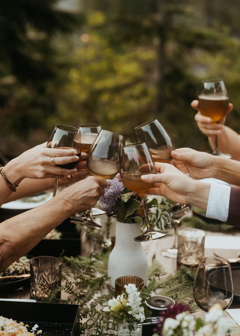 Elopement guests toast during outdoor reception in Washington