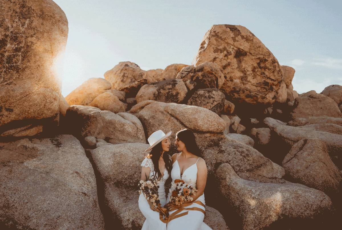 Two brides kissing during their Joshua Tree National Park elopement