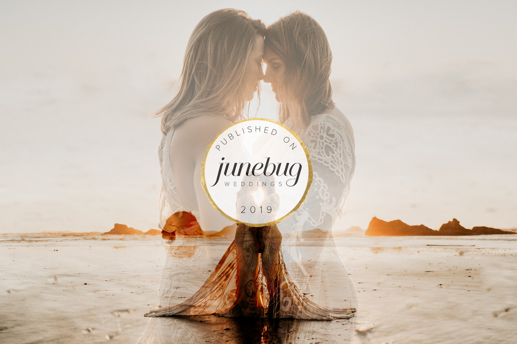 Two brides standing on Ruby Beach at sunset (overlay of Junebug Weddings 2019 feature logo)