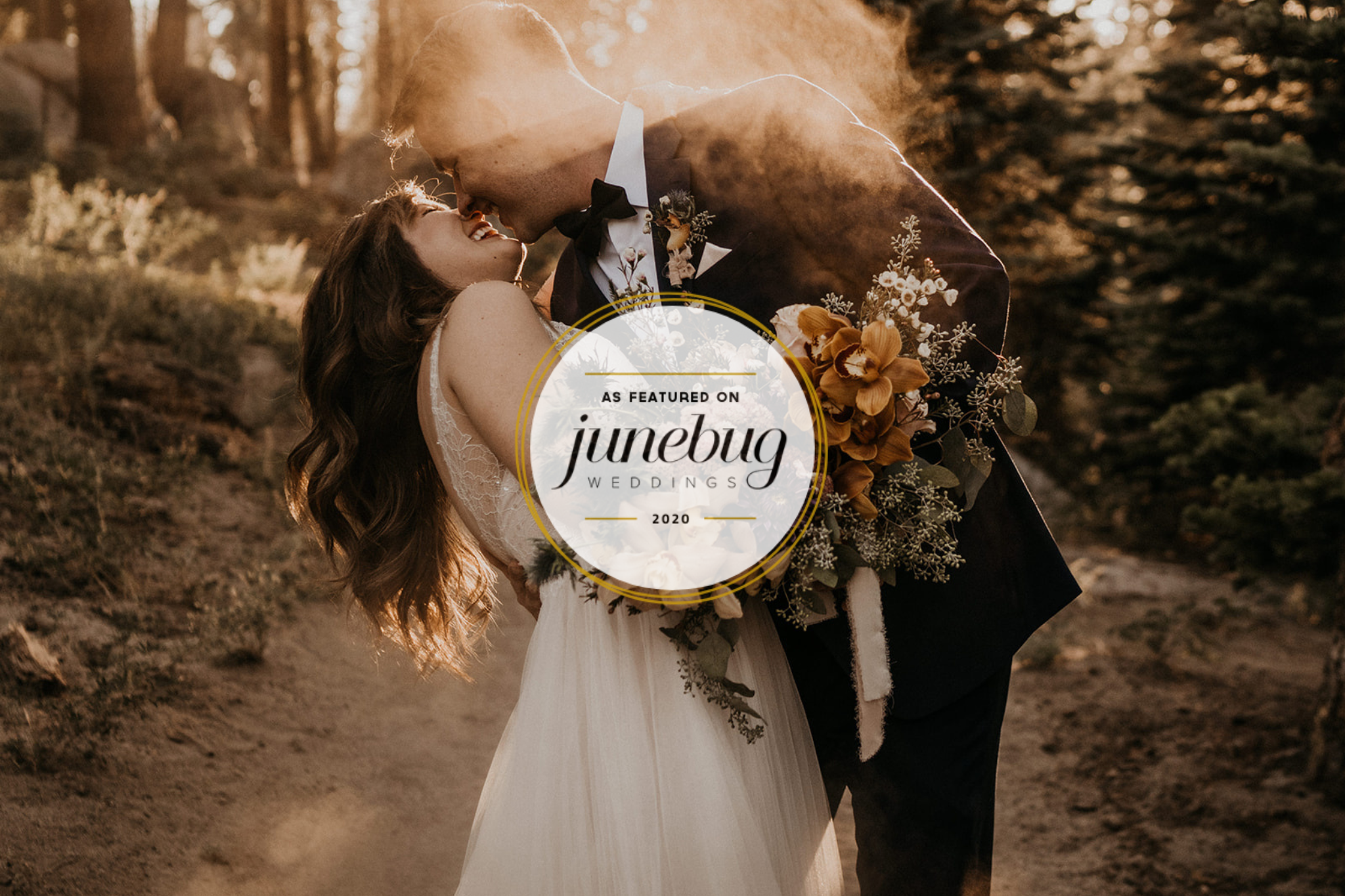 Bride and groom kissing in the forest at Yosemite National Park (overlay of Junebug Weddings 2020 feature logo)