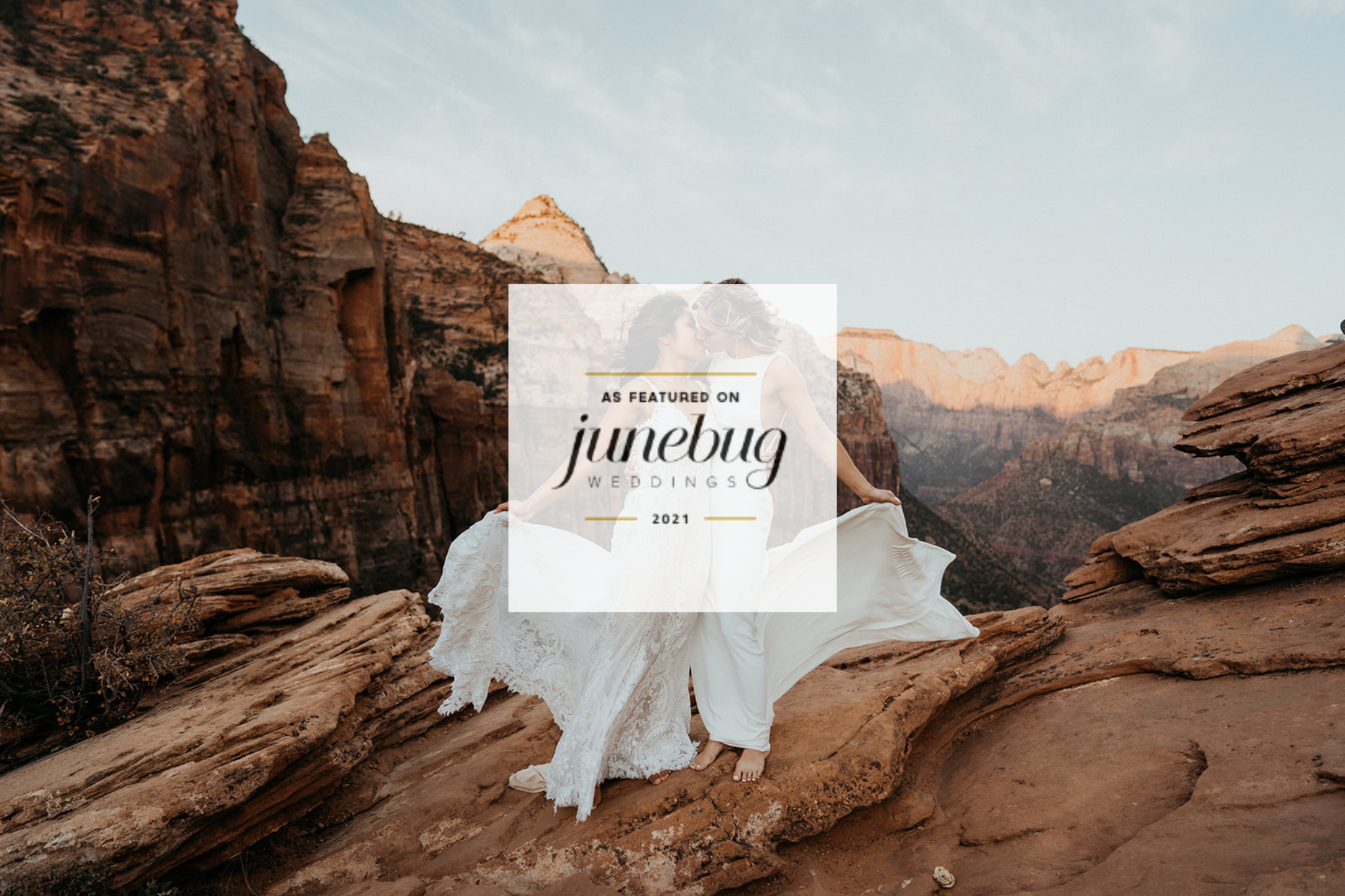 Two brides kissing in Zion National Park (overlay of Junebug Weddings 2021 feature logo)