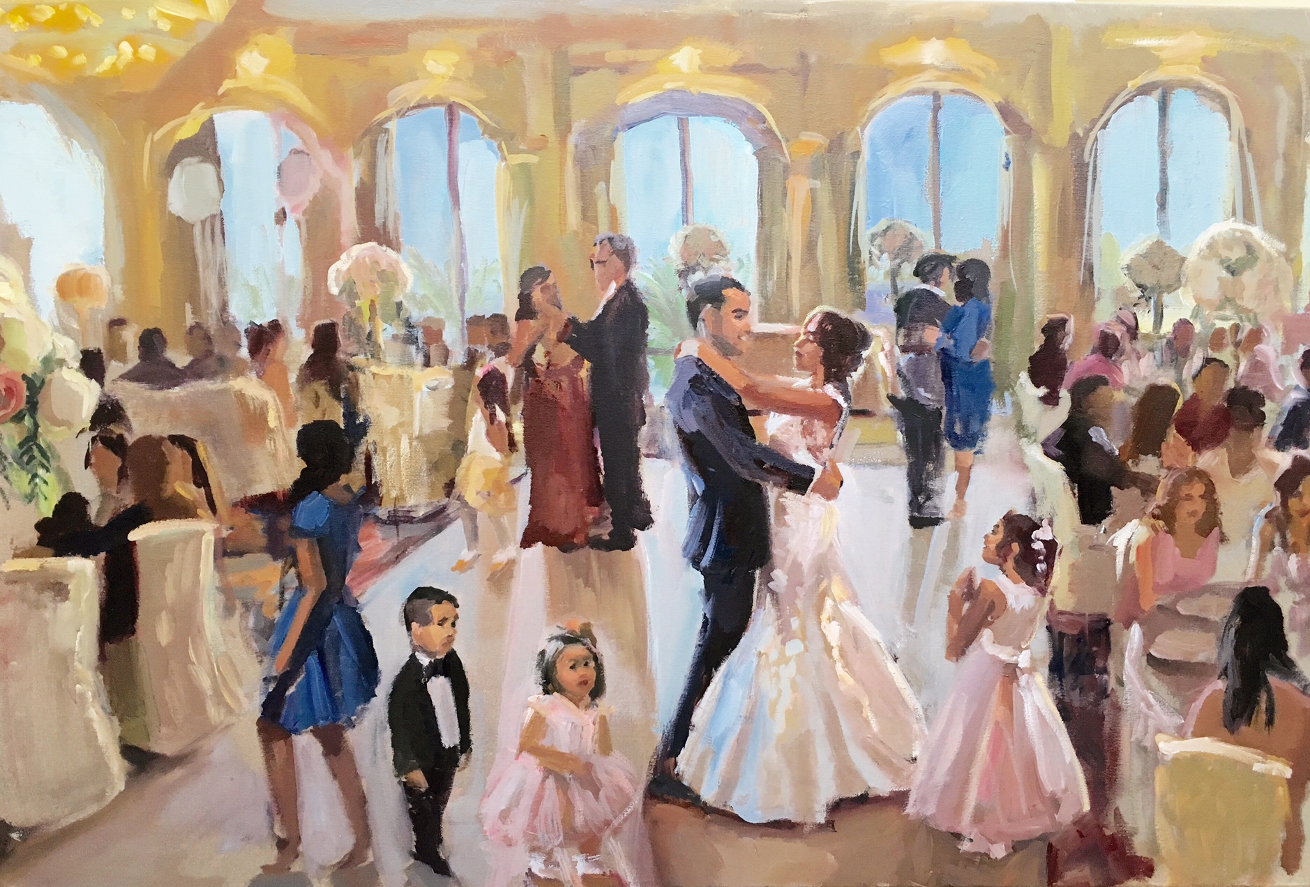 “This was a surprise gift for my husband on the day of our wedding. He was speechless and so were a lot of our guests at the event. The painting included our first dance and both of our daughters in there. How amazing to have this piece of art hanging on our wall for years and years to come. It truly is priceless, we both fell in love with it.” Tanya and AJ, Bahia Resort Hotel, San Diego