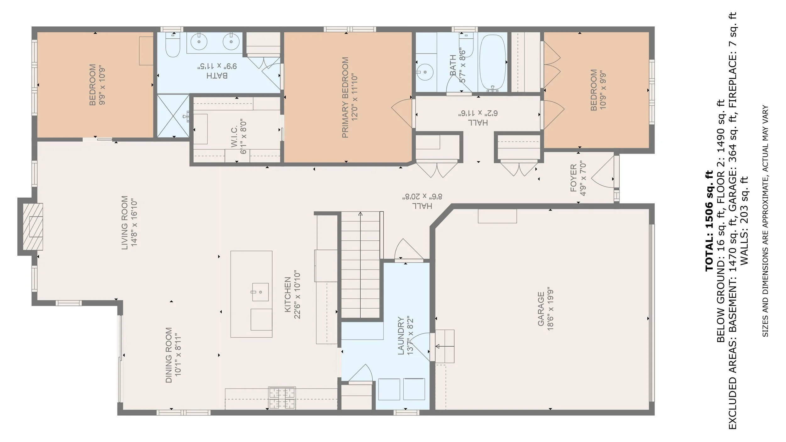 Measured real estate floor plan showing room dimensions and home layout