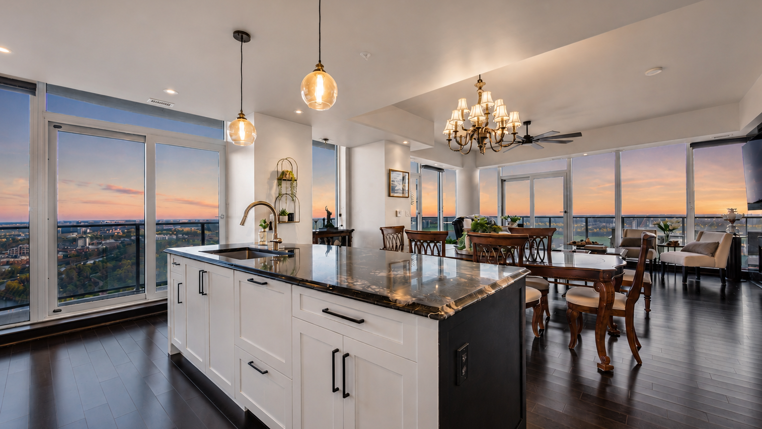Professional real estate photography of a luxury condo kitchen and living space in Ottawa at sunset.