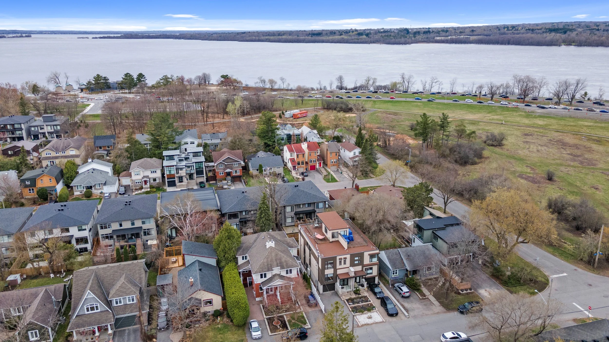 PWide aerial drone view of an Ottawa residential community and surrounding area