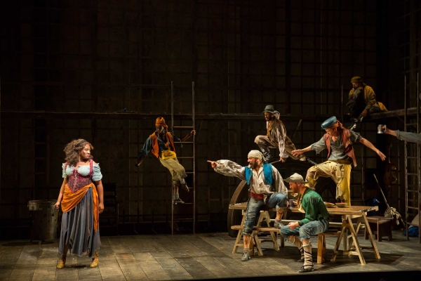 Ceasar F. Barajas and James Hayden Rodriguez as Muleteers in Man of La Mancha at the Shakespeare Theater.
