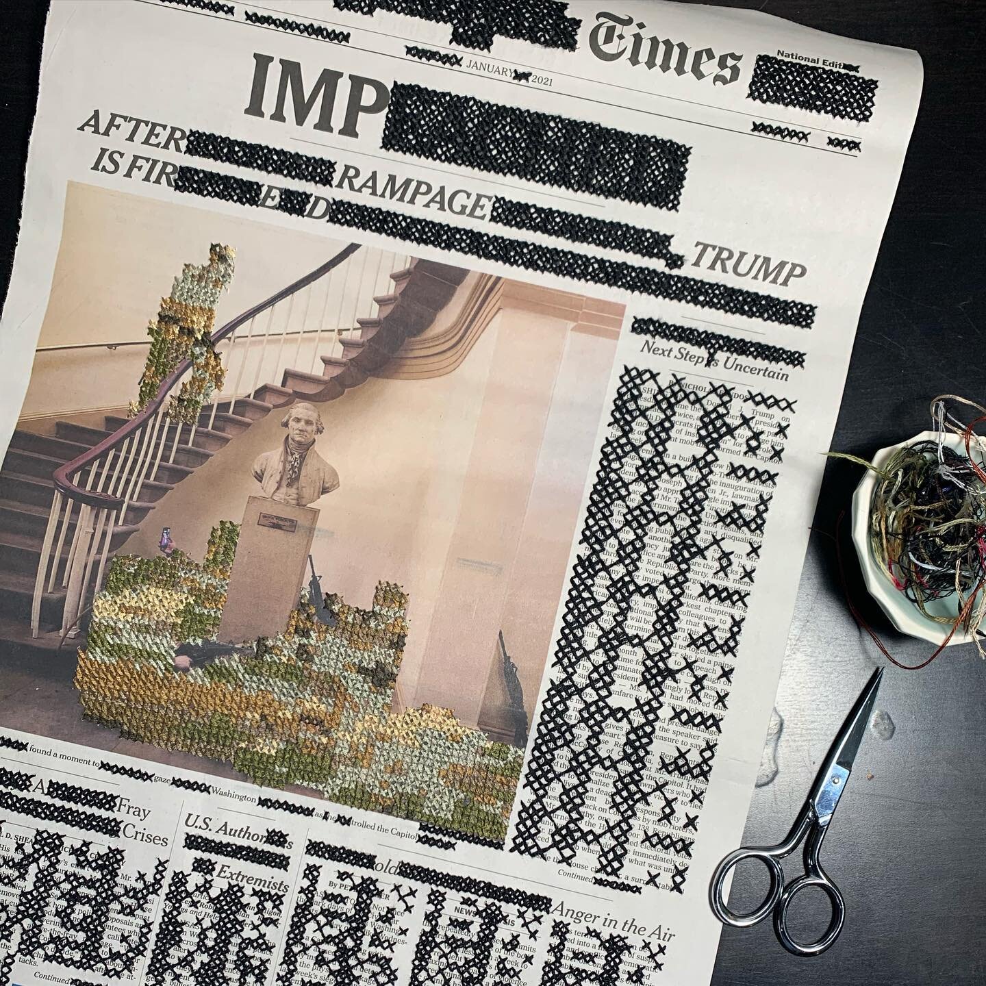 Finished! Sneak peek of a new piece that is headed to SATX for a show with other artist/mothers who helped keep me sane this past year. (Show info below.)

&ldquo;The Impetus of US,&rdquo; cotton thread on newspaper, 22&rdquo; x 11.5&rdquo; 2021

Thi