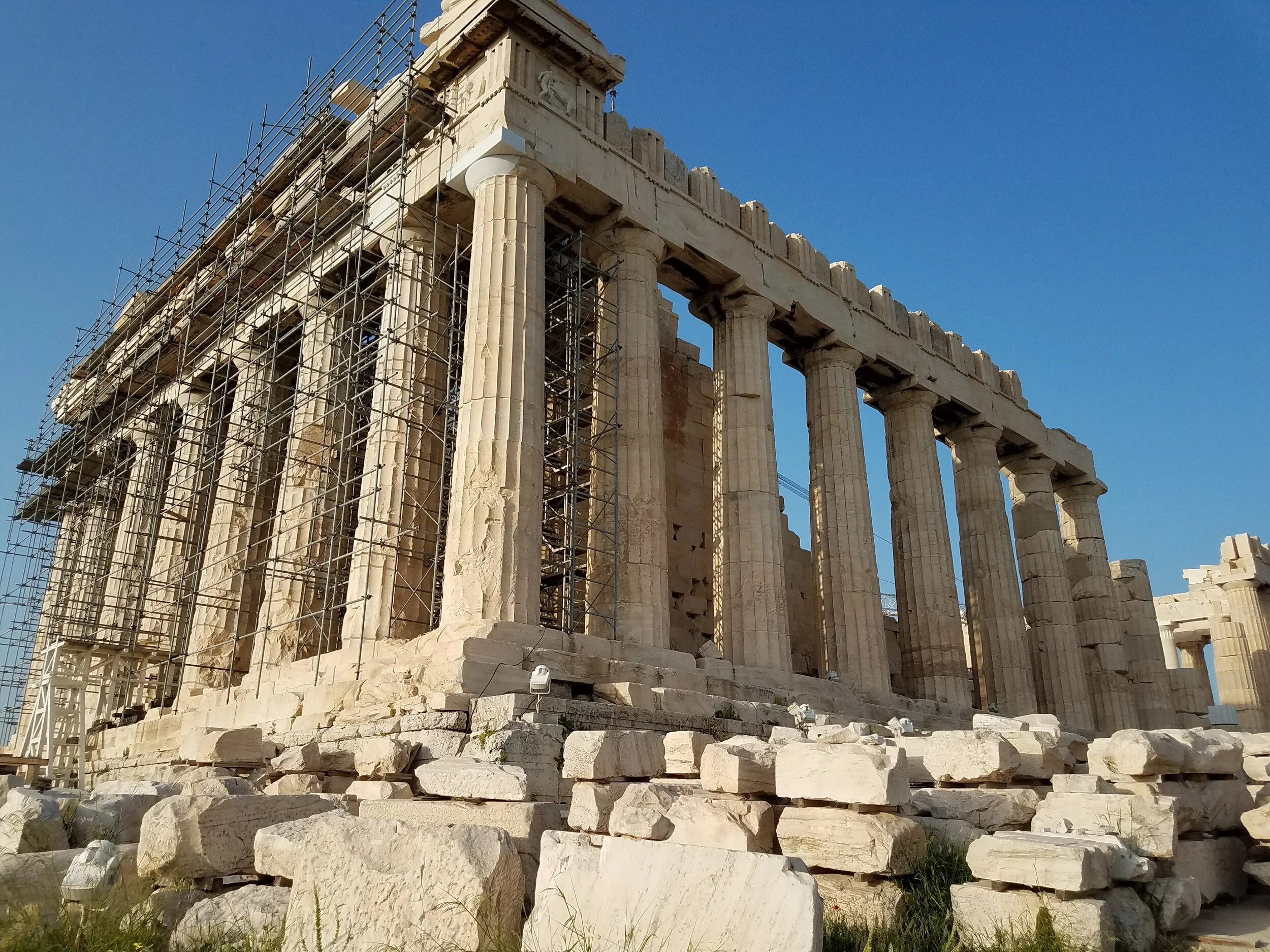 The Parthenon under restoration with scaffolding, Athens, Greece.