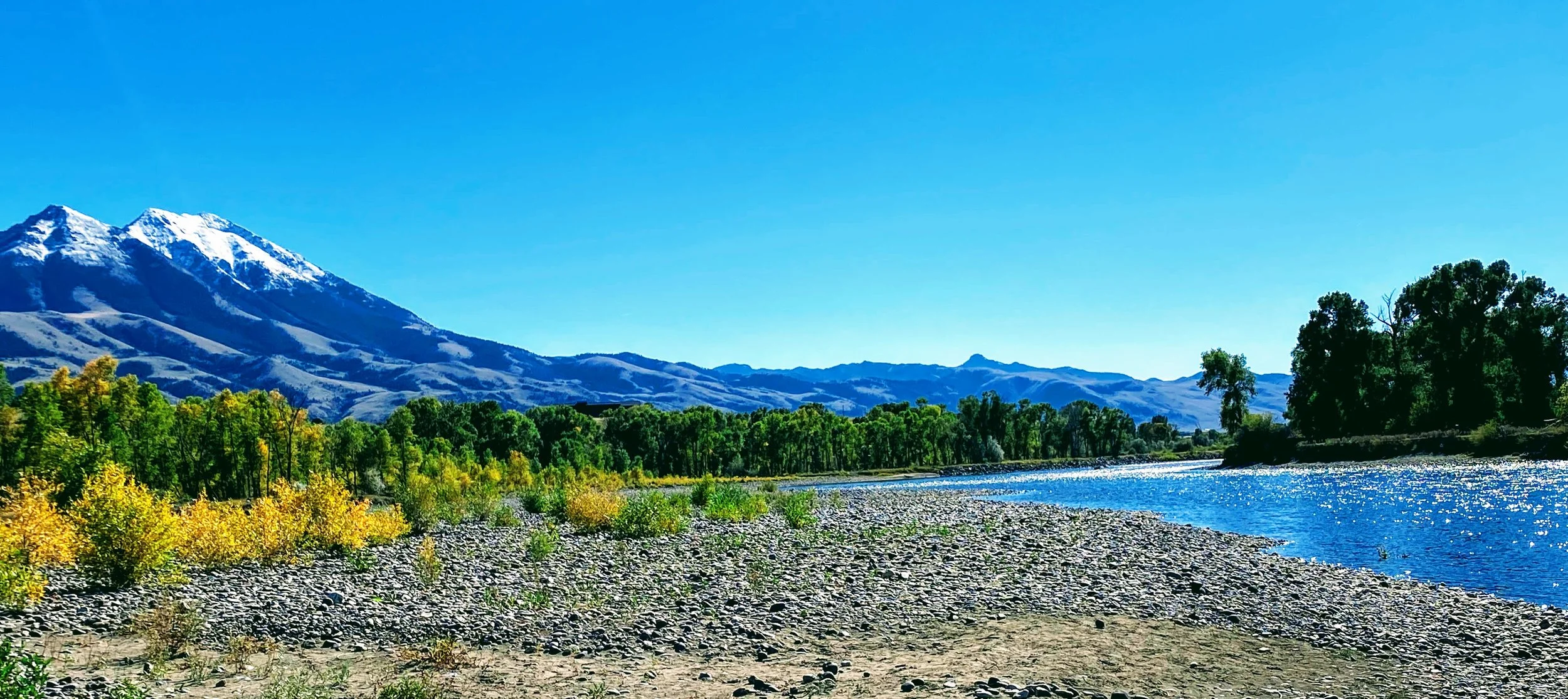 Snow-capped mountain with trees and a river under clear blue sky.