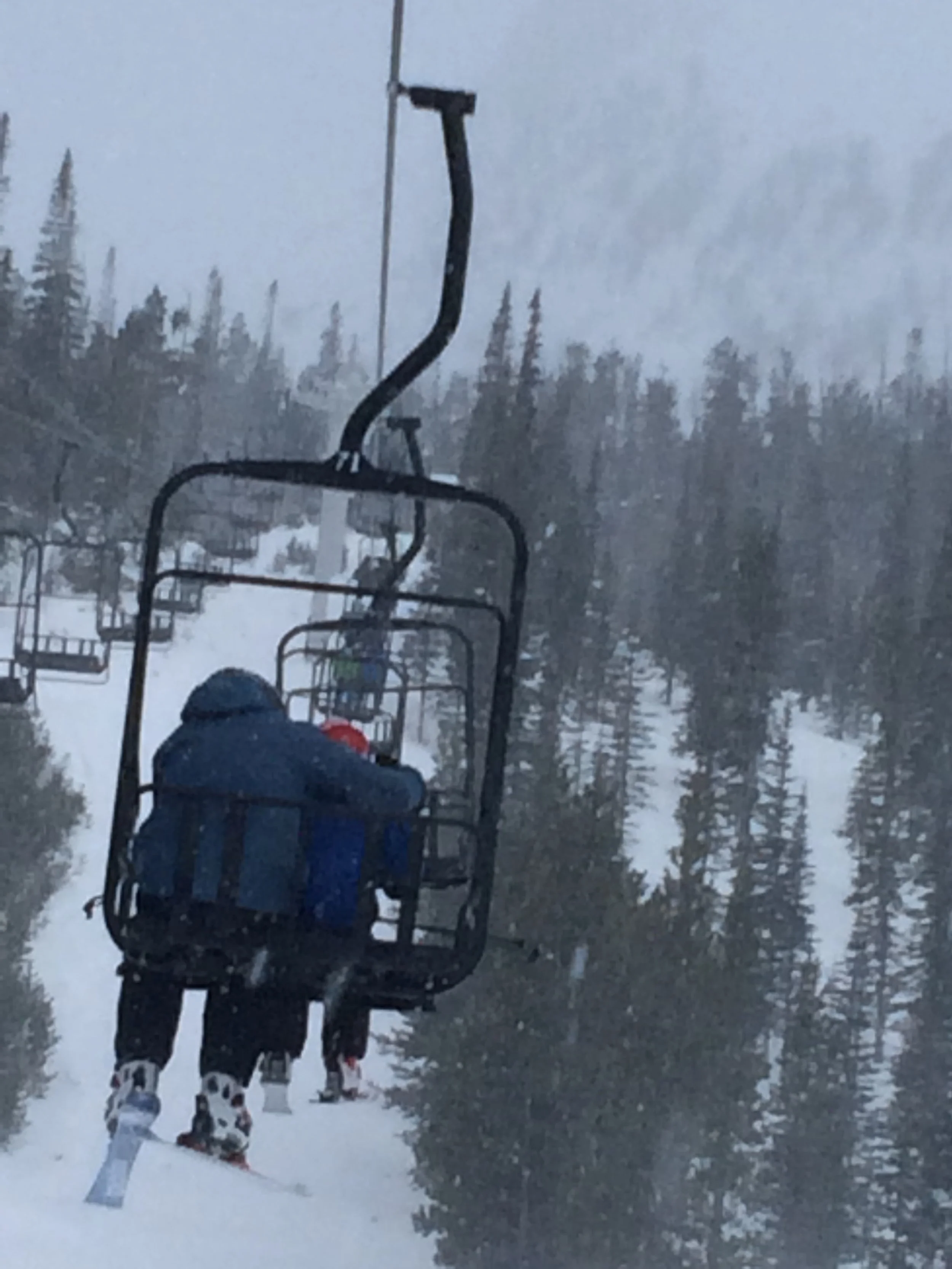 Skiers on a chairlift in snowy mountain landscape with pine trees