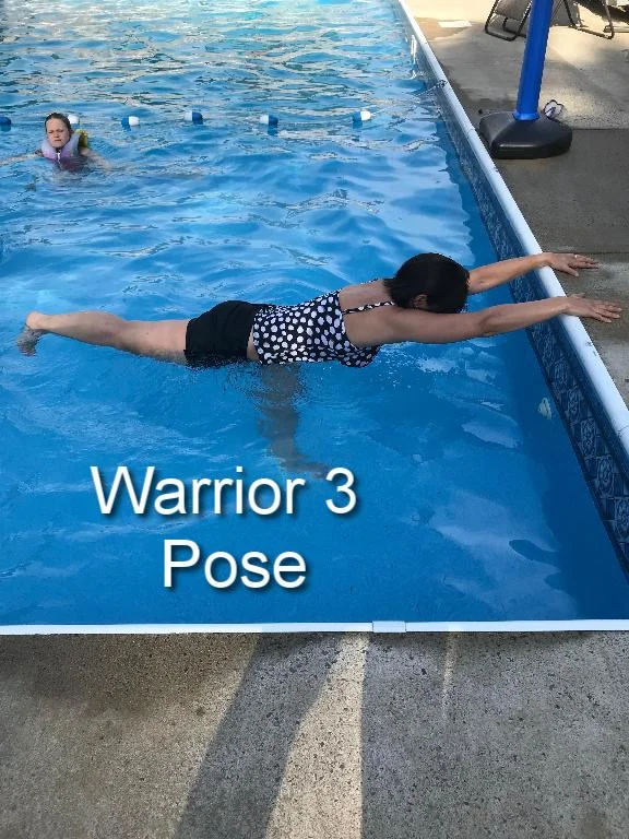 After your finish your Warrior 2 pose, prepare for Warrior 3 by pressing your weight into your front foot and slowly lifting your back leg parallel to the ground. Extend your arms forward, toward the side of the pool and lower. Flex your back foot and reach out through your heel. Make sure you are not locking your knees. Repeat on the other side. 