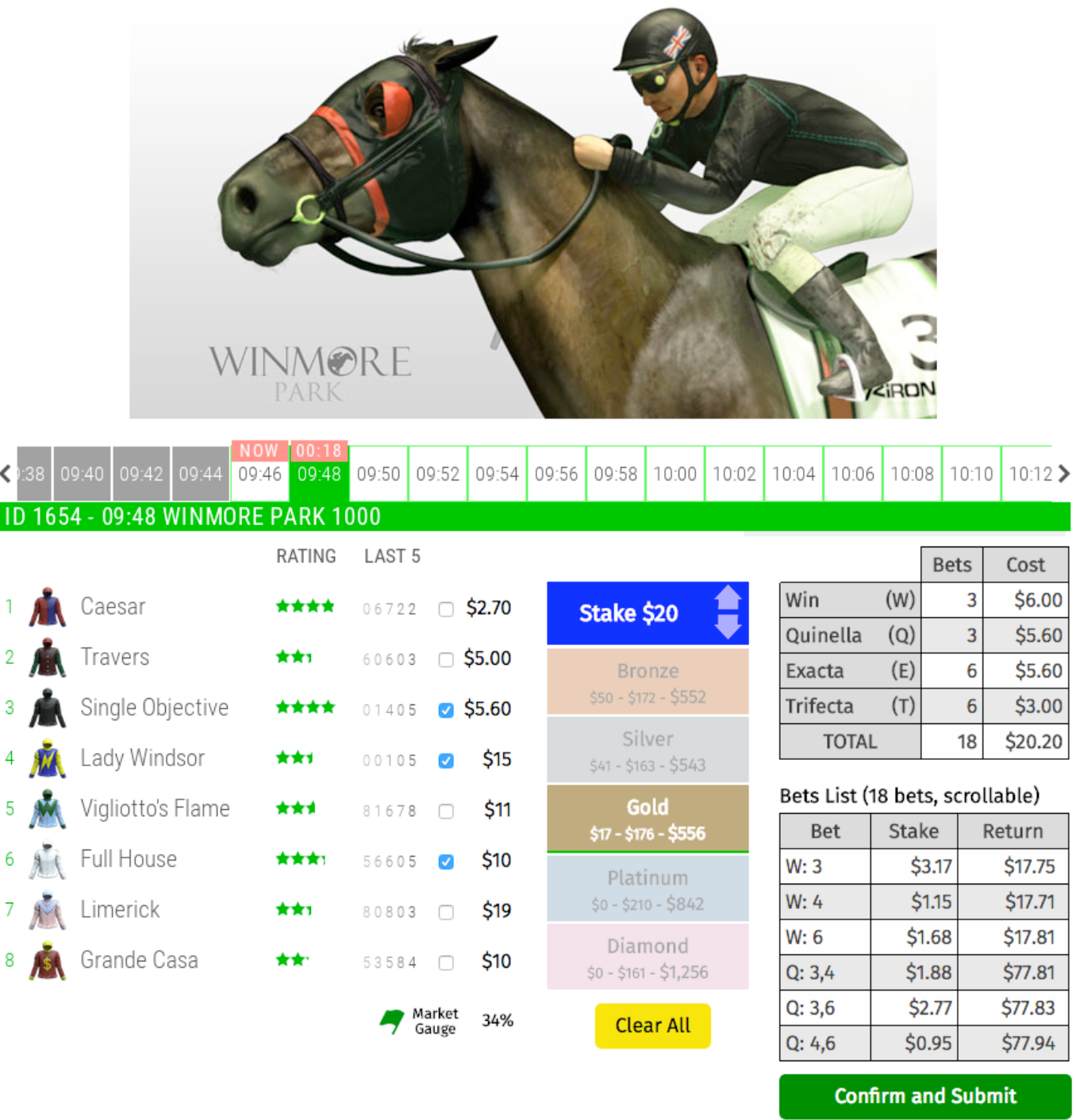 A working-prototype of RewardBet's Interface on a Virtual Racing product reduces the number of clicks for the customer by about 20 fold to place a bet. Vitally important when there's a virtual race every two minutes with about 1 minute to 'place your bets'.