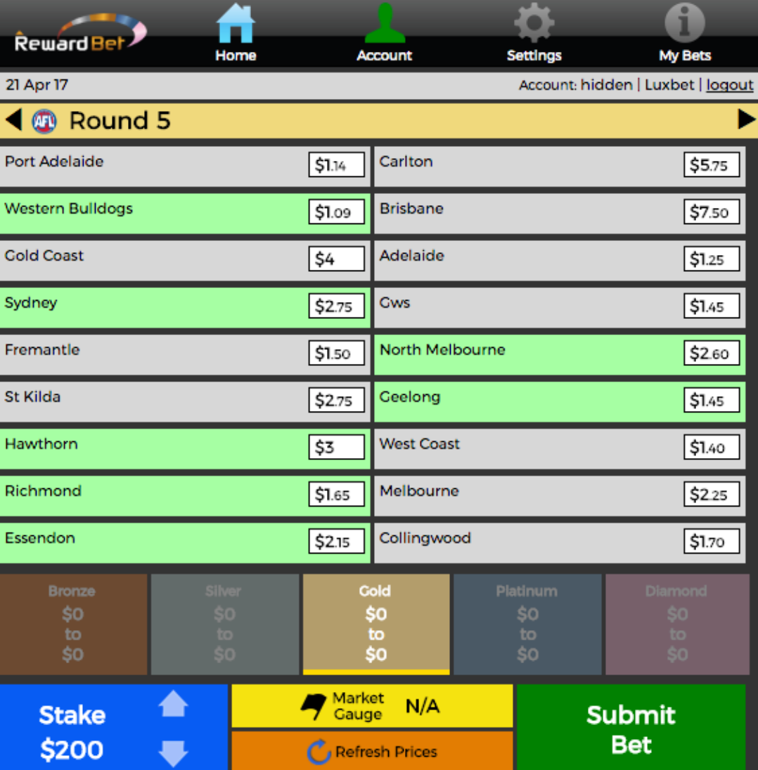 RewardBet Sports Interface (sample) - A simpler, but much more engaging way to bet on Sports Multis.
