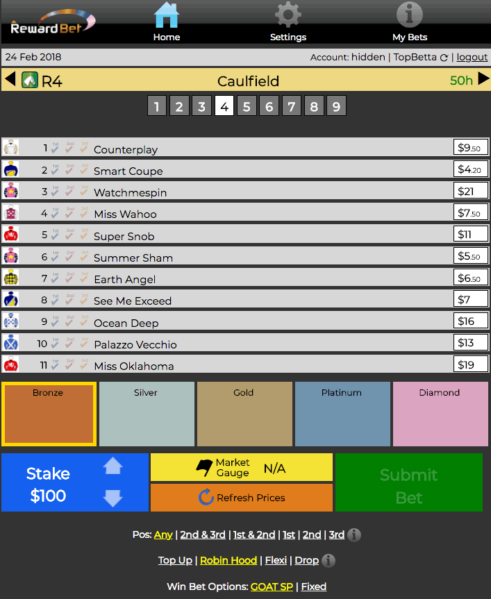 BEFORE: Although RewardBet® was fast, it still took some seconds to work out all your bets as indicated by the spinning icon on the green submit bets area.