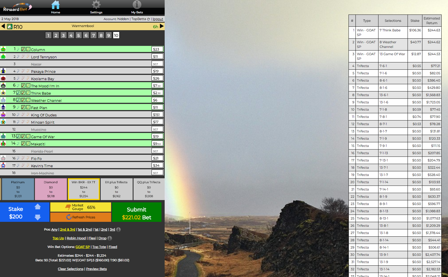 Warrnambool R10 - Three Selections #7 #8 #13 for the win from 1 6 9 14 for 2nd/3rd only in a Win / TT Custom Level. Note that some judicious shopping should see you get better win prices early. Hope we have this race covered, with the Weir runner and Weather Channel having good form. Throwing in #13 at little cost just in case as it's value. Result: 6-2- 7. Third wasn't good enough. One of those days. Outlay: $221.02. Return: Nil. Loss: $222.02.