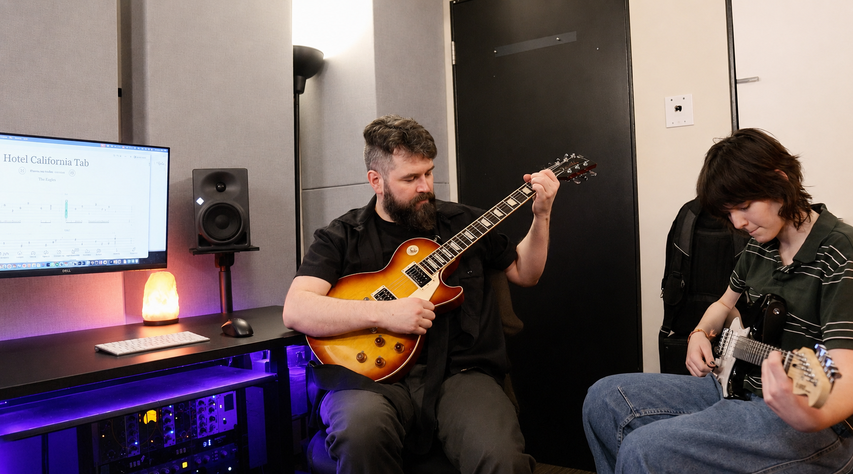 Guitar Instructor teaching an electric guitar student in a studio setting in Vancouver.