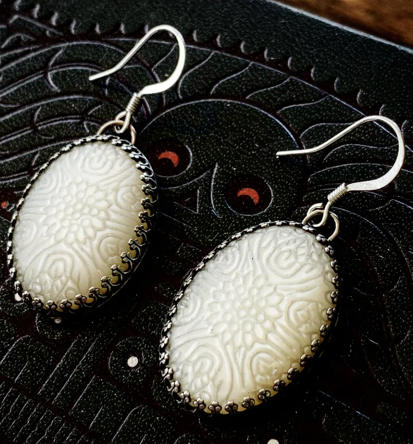 Carved Mother of Pearl Crown Bezel Earrings 
