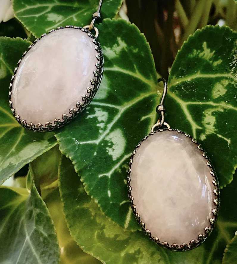 Crown Bezel Rose Quartz Earrings 