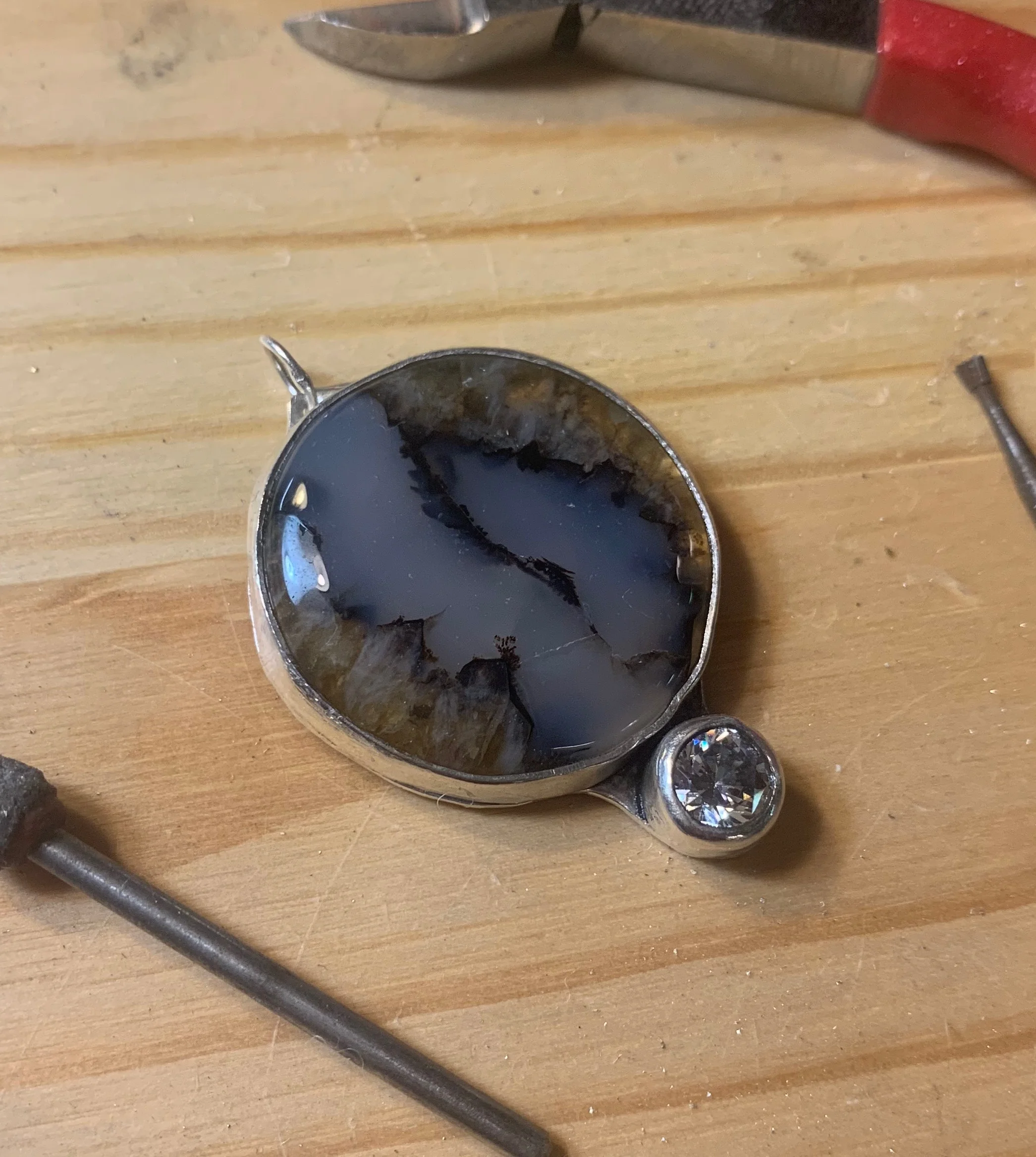 Moss Agate and Cubic Zirconia Pendant