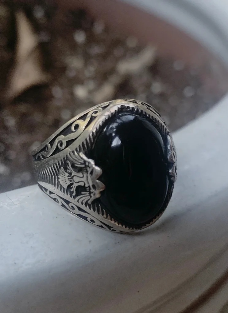 Ornamental Eagle Ring with Onyx (Size 13)