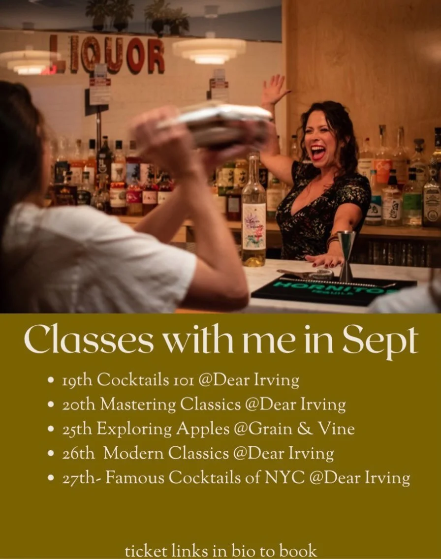 Come take a cocktail class with me in September!
✨ ticket link in bio to book✨

19th Cocktails 101 @dearirving 
20th Mattering Classics @Dear Irving
25th Exploring Apples @grainandvine FREE
26th  Modern Classics @Dear Irving
27th- Famous Cocktails of