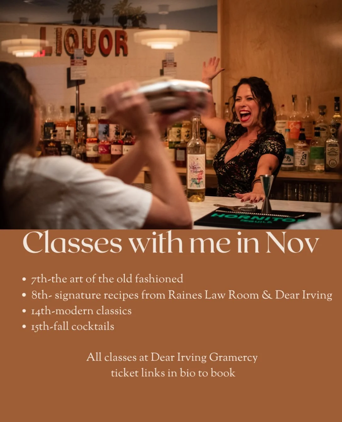 Come take a cocktail class with me @dearirving !

7th-the art of the old fashioned
8th- signature recipes from @raineslawroom &amp; Dear Irving
14th-modern classics
15th-fall cocktails