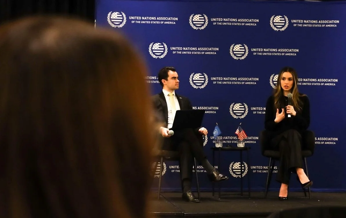 Sophia Kianni, founder of Climate Cardinals, the world’s largest youth-led climate organization and co-founder of Phia, an AI-backed shopping app, speaking on the last day of the UNA-USA Leadership Summit to crowd.