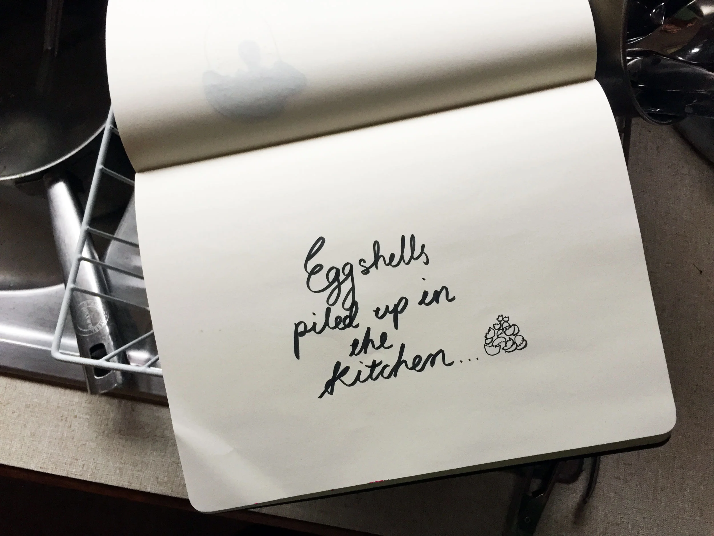 Eggshells piled up in the kitchen. Drawing Luke Hockley.
