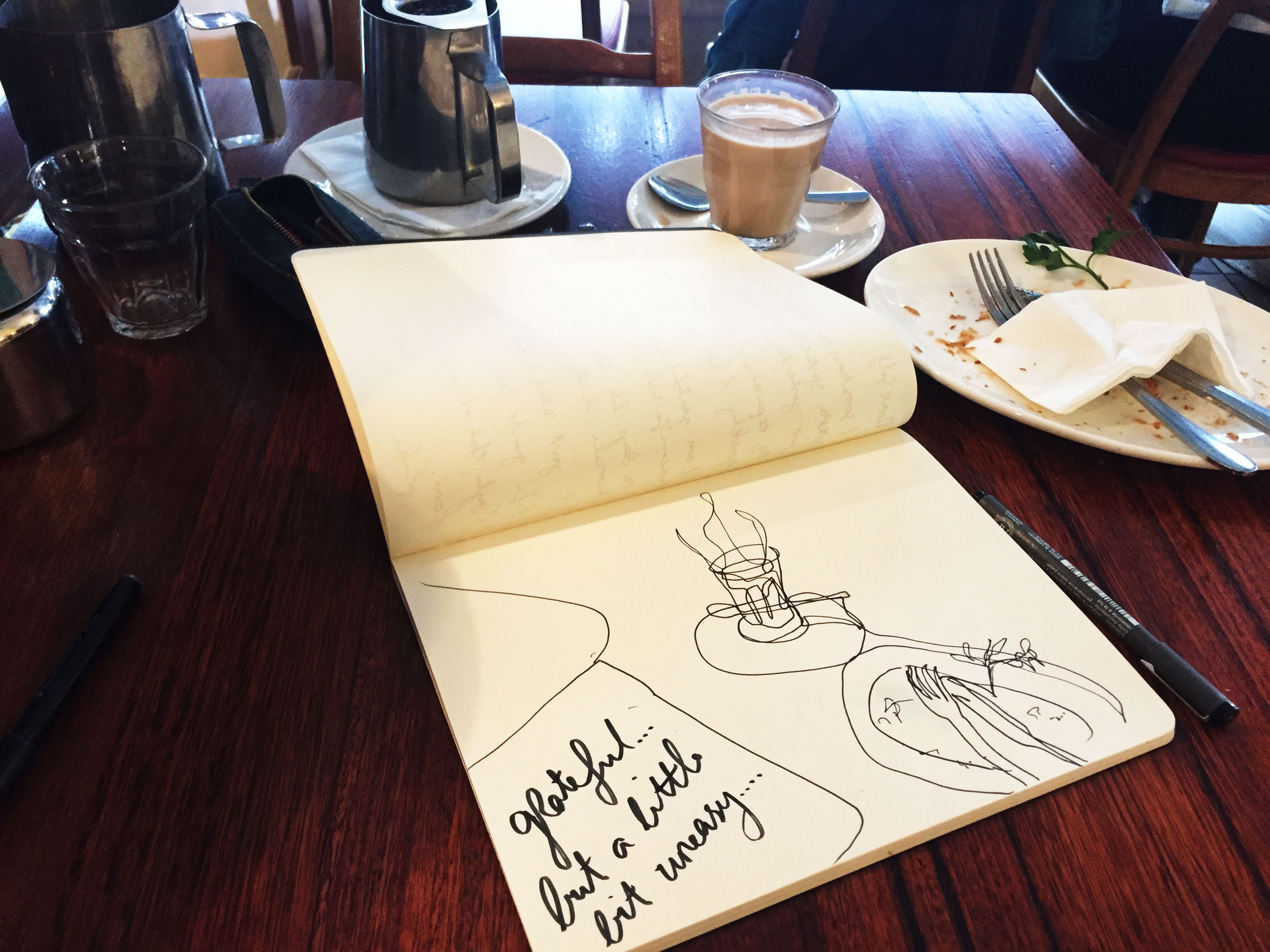 Grateful but uneasy. Drawing Luke Hockley.