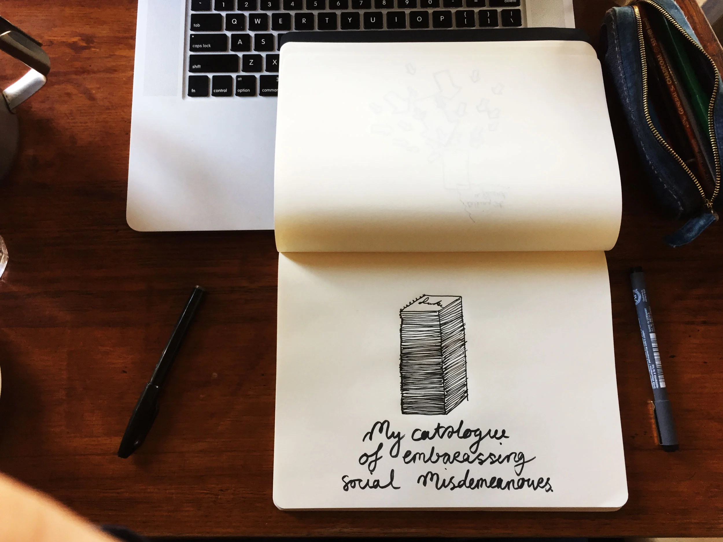 My catalogue of embarrassing social misdemeanours. Drawing Luke Hockley.