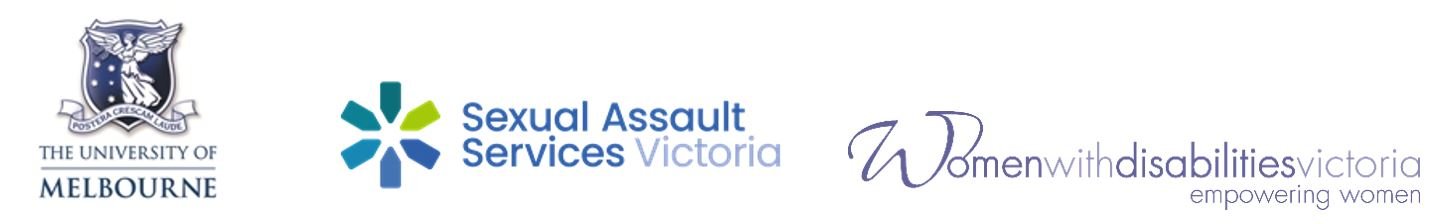 University of Melbourne logo, Sexual Assault Services Victoria and Women with disabilities Victoria empowering women (logos)