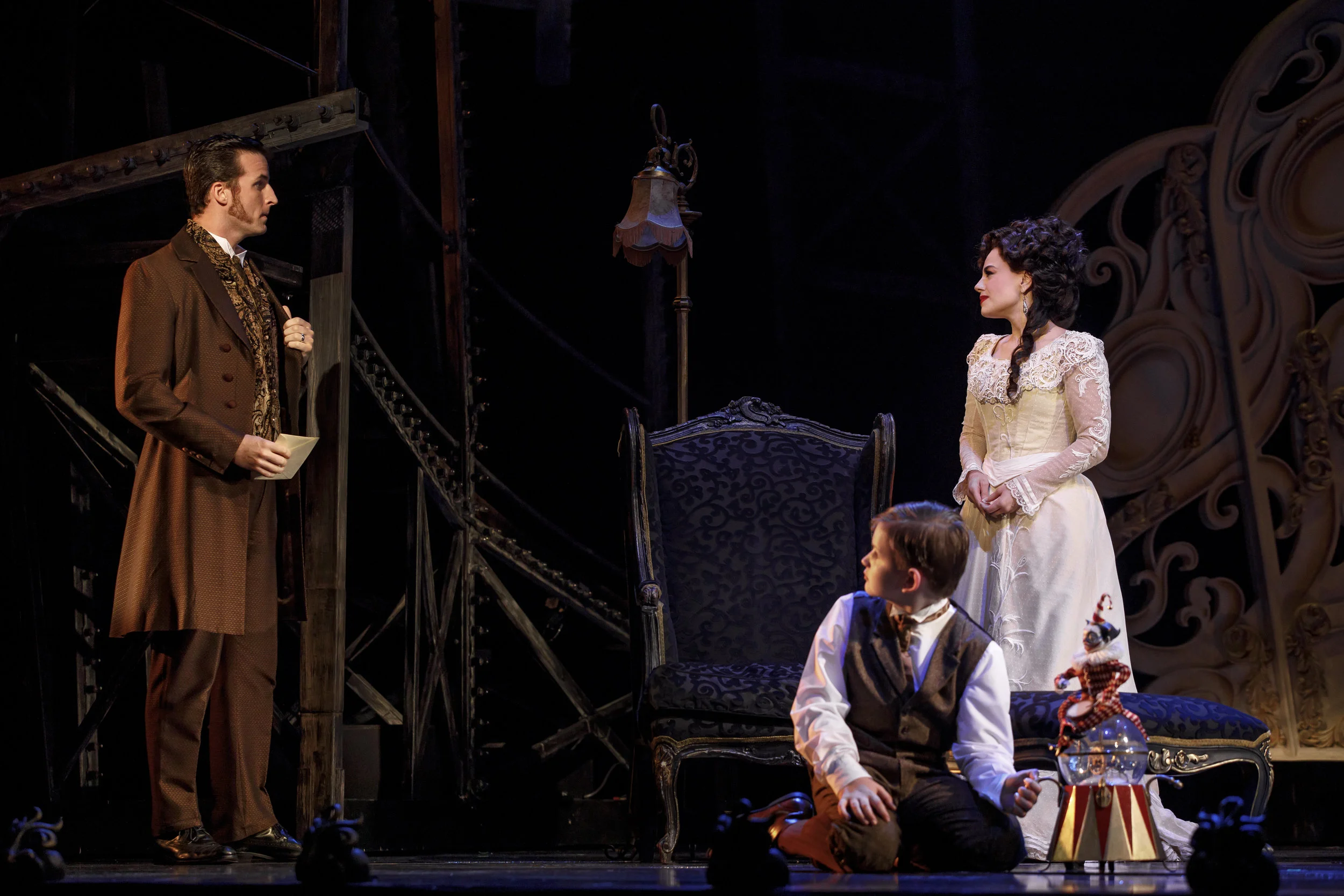 Sean Thompson (“Raoul, Vicomte de Chagny”), Christian Harmston (“Gustave”) and Meghan Picerno (“Christine Daaé”) in “Love Never Dies.” Photo by Joan Marcus.