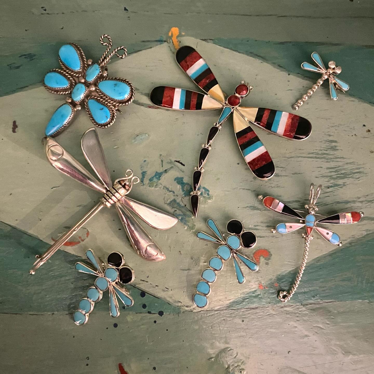 &ldquo;D&rdquo; Is for Dragonfly 🌞 some luscious brooches from William Spratling , The Navajo Nation,&amp; Zuni Pueblo ❤️ &hellip; hand made from start to finish with Sterling Silver, Arizona Turquoise, Jet Stone, Mother of Pearl, Coral&hellip;&amp;