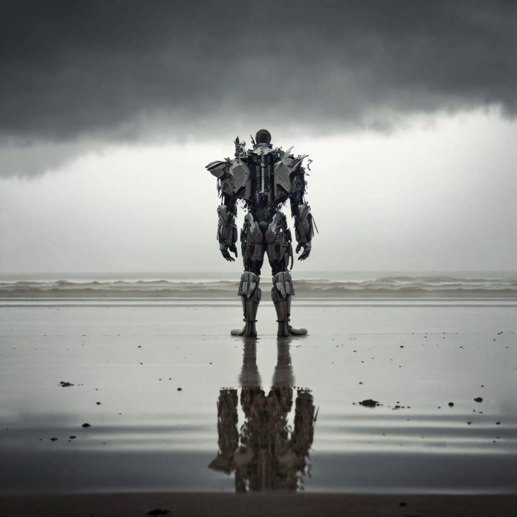 fatcriminal_cyborg_standing_on_empty_beach_grey_sky_rain_83e2f934-b74e-4c39-90b7-42bb86cc89a3.png