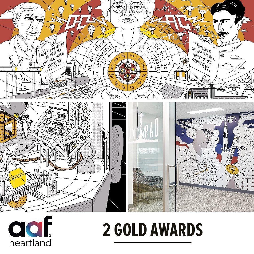 2 Gold Awards for the AECI Murals.

We are both deeply honored and also totally psyched out of our minds to announce that the Heartland chapter of the American Advertising Awards ceremony was held this last friday and we won some stuff!

We only ente