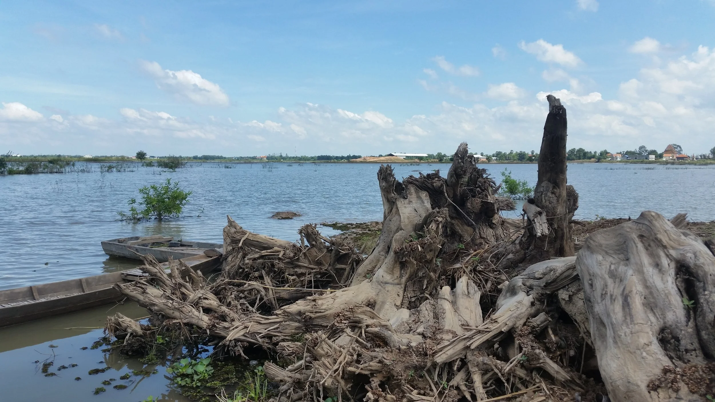 A view over flooded rice fields in Prek Anchanh, Kandal Province, Cambodia. Hundreds of hectares of land in the area have been purchased and excavated by local brick factories for use as clay. (Photo by Laurie Parsons, 2017)