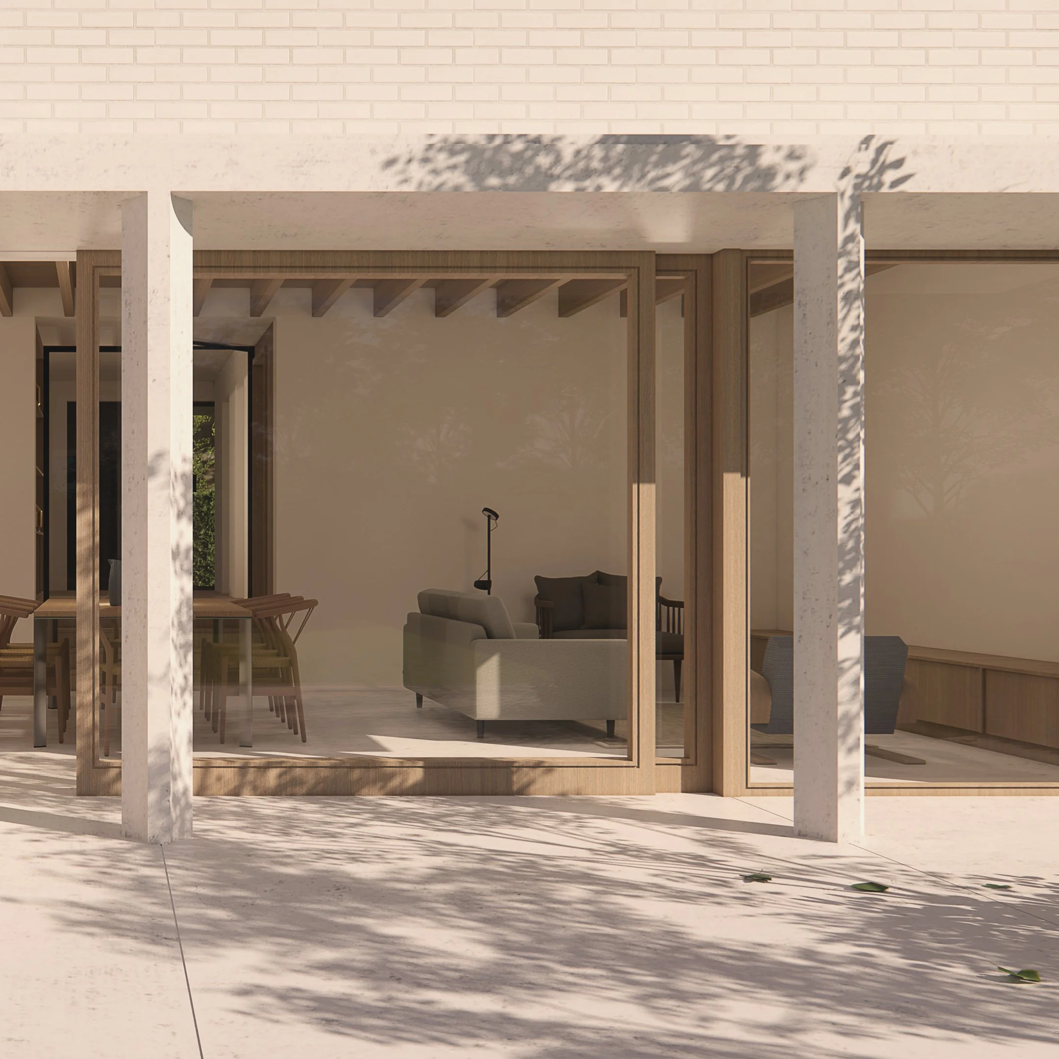 Modern living room with large glass sliding doors, beige walls, light flooring, and minimalist furniture, including sofas and a dining table.