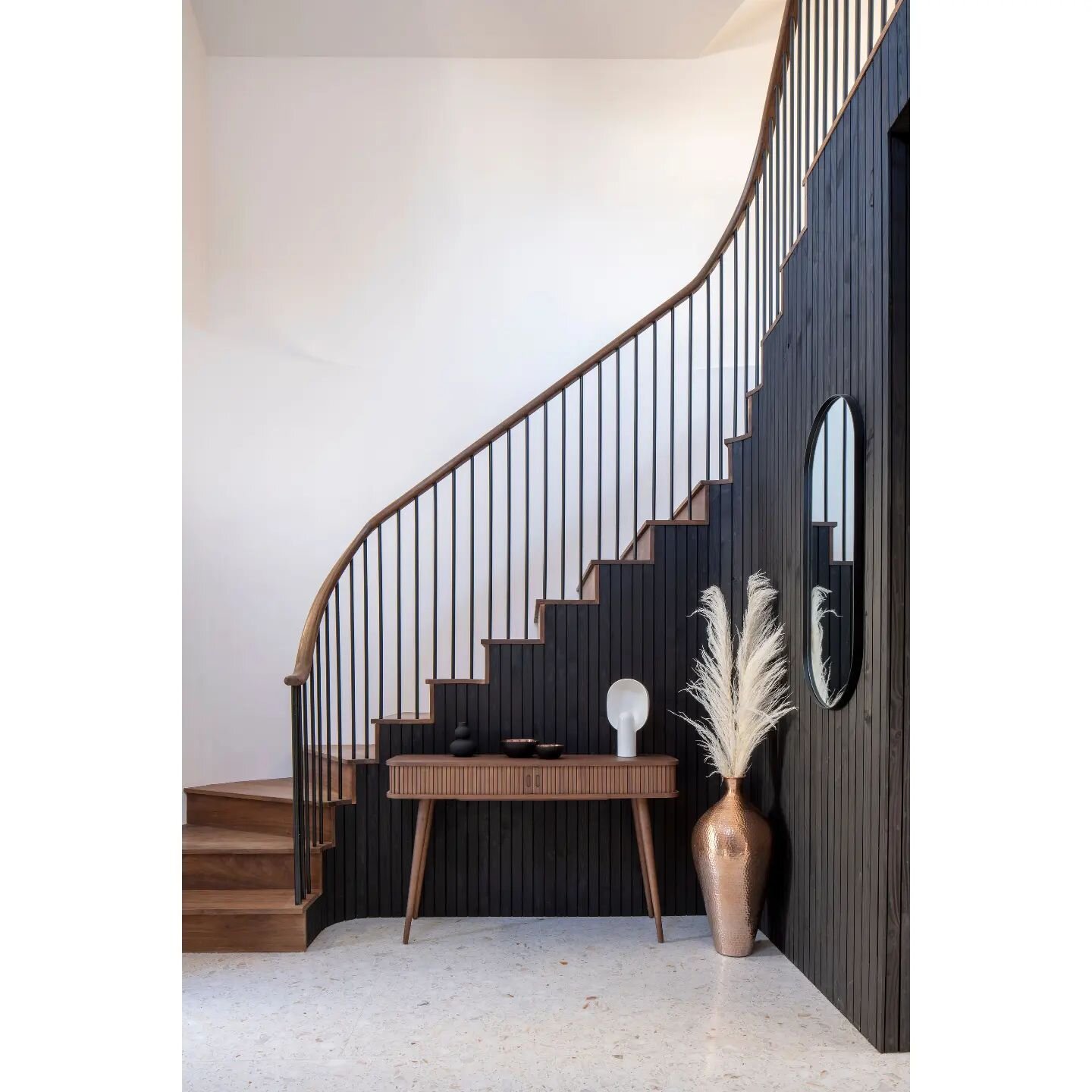 Entrance hall photos with stairs at our mews house project in Bray. 

Photography by @fionnmccann 

#irisharchitecture #irisharchitect #architect #architecture #design #stairs #home #hall #blacktimber #walnut #mews