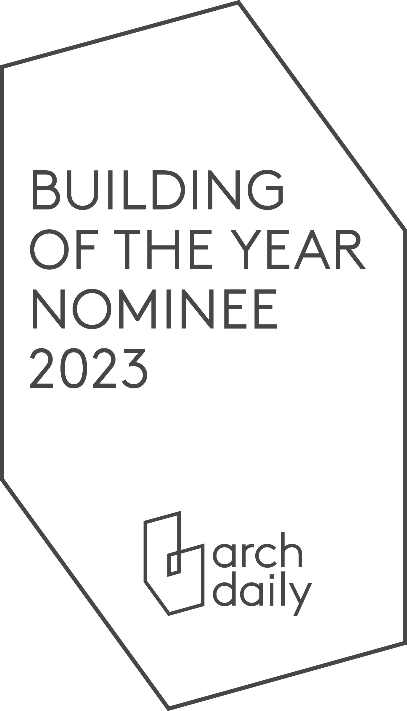 Design of a nomination badge for the 2023 Building of the Year award, with an abstract geometric shape and text indicating the nomination for March daily.