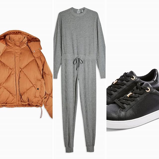 Turning to head-to-toe @topshop inspiration to get through this last Friday* of term.
.
*May wear all weekend
.
.
Grey Long Sleeve Sweatshirt Jumpsuit,  CABO Black Lace Up Trainers, CONSIDERED Brown Quilted Puffer Jacket
.
.
#jumpsuitstyle #fridaysty