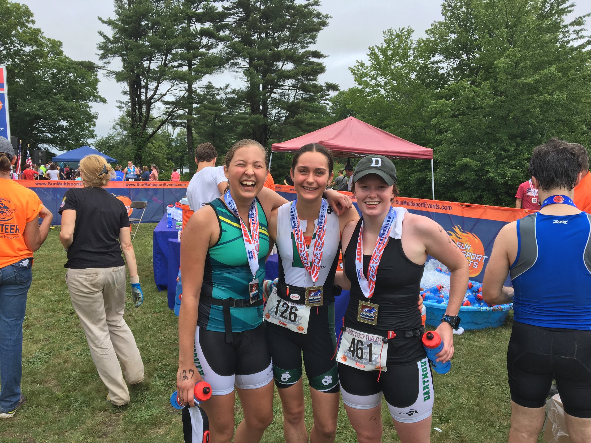 Valentina, Katie, and Abiah, Dartmouth U23 athletes, at the 2017 Patriot Half Triathlon.