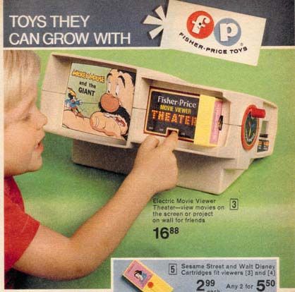 The Fisher Price Movie Viewer Theater. Introduced in 1978, after the success of the handheld version. The handheld version is still made today although cartridges are limited to 1 or 2.
