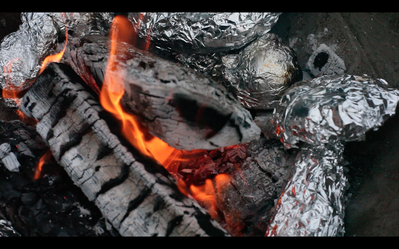 Cooking food on the fire pit.
